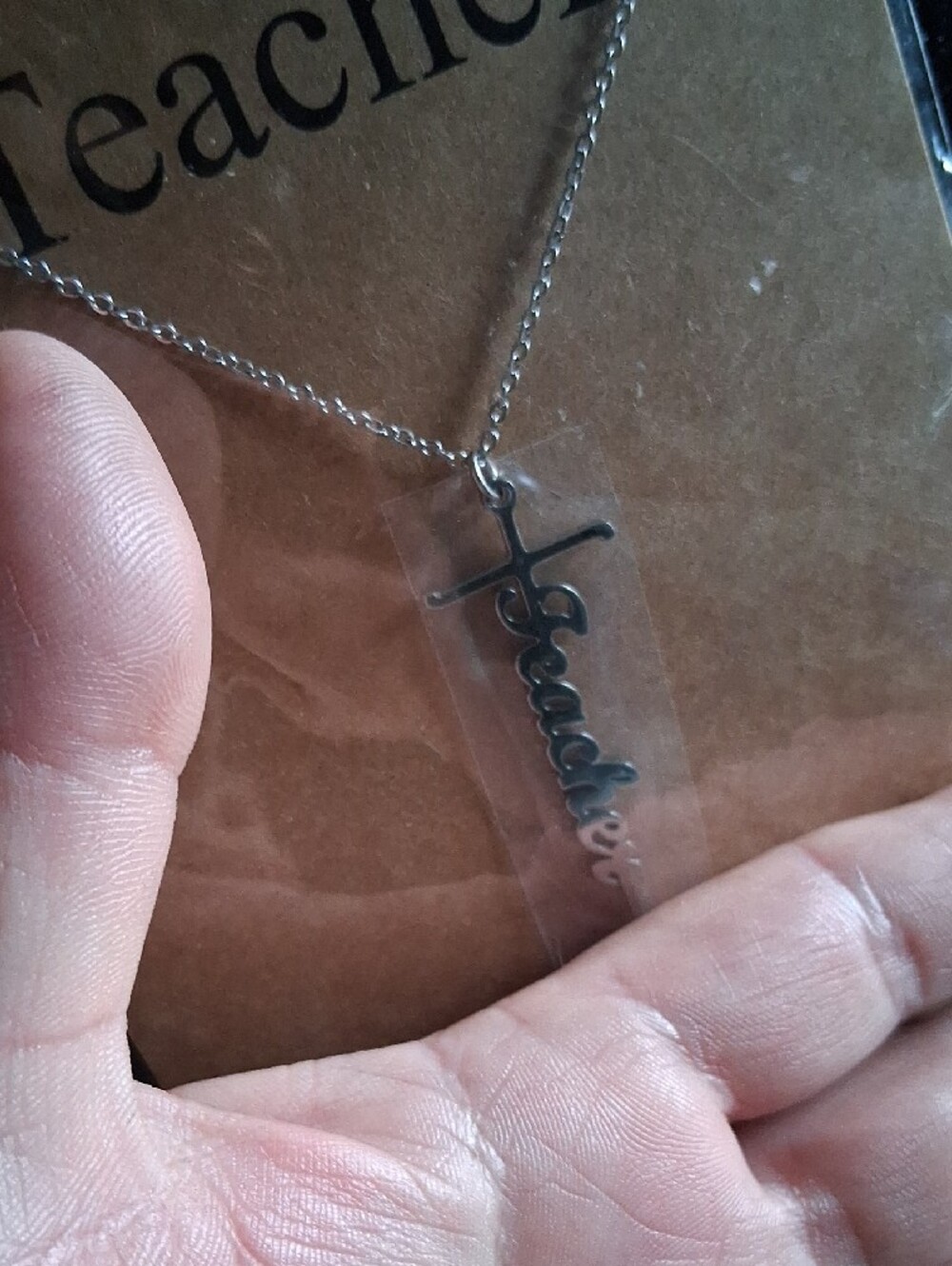 Cherry LA Silver 'Teacher' Script Cross Pendant Necklace - Picture 3 of 6